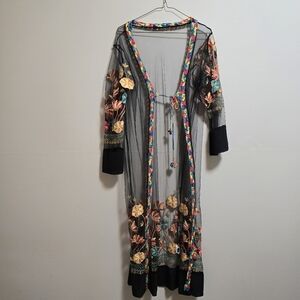 Mesh Floral Embroidered Long Sleeves Sheer Kimono